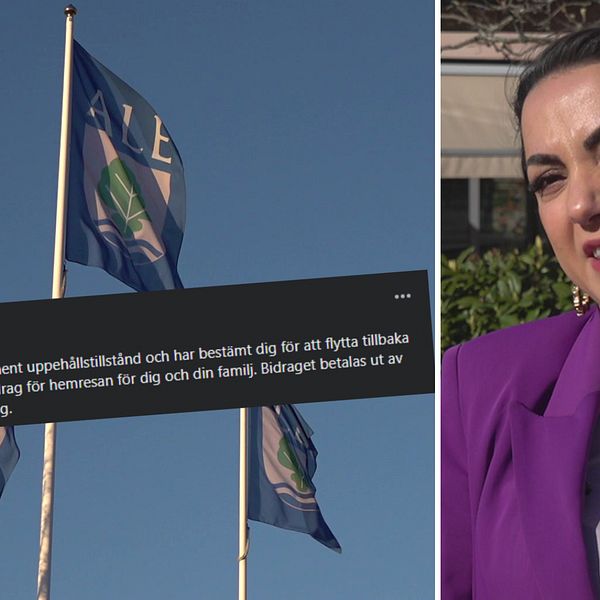 Tvådelad bild: Ale kommuns logotyp på en flagga och en skärmdump från ett Facebookinlägg som kommunen lagt ut och som handlar om återvandring, samt oppositionspolitikern Aida Karimili, centerpartiet.