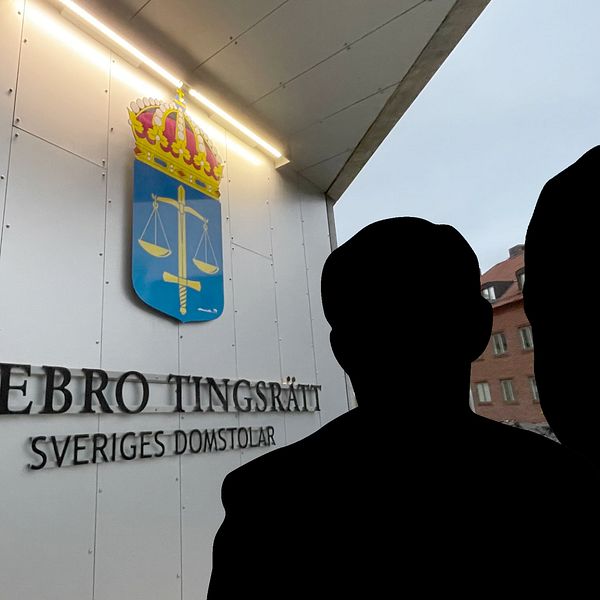 Exteriör på Örebro tingsrätt samt två svarta siluetter inredigerade i bilden.