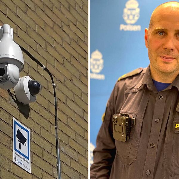 Bilden är ett montage. Till vänster ser man en övervakningskamera på en husknut. Till höger ser man Christian Hald som har polisuniform och står framför en blå vägg som det står ”polisen” på.