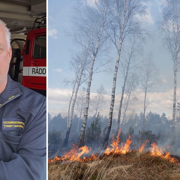 Till vänster: Bild på Tommy Lindgren, en vithårig man i arbetskläder i räddningstjänstens garage i Sundsvall. Till höger: Bild på gräs som brinner i närheten av skog.