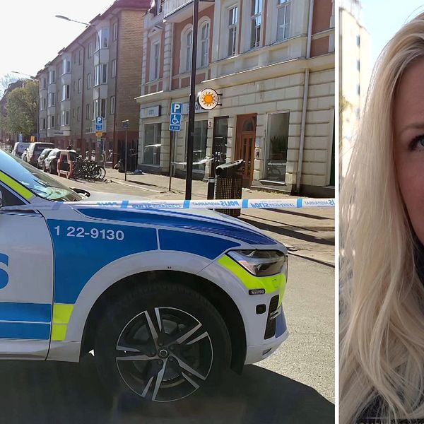 Delad bild, till vänster avspärrningar på Drottninggatan i Karlstad, till höger Sophia Jiglind, polisens presstalesperson.