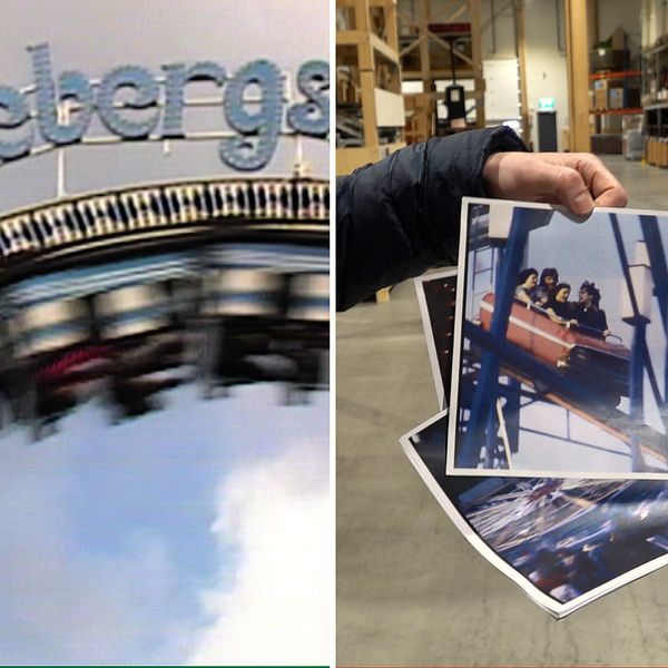 Delad bild. Till vänster: Berg- och dalbana som är mitt i en loop. Över tåget står det ”Lisebergs”. Till  vänster: En bild på en gammal åkattraktion på Liseberg.