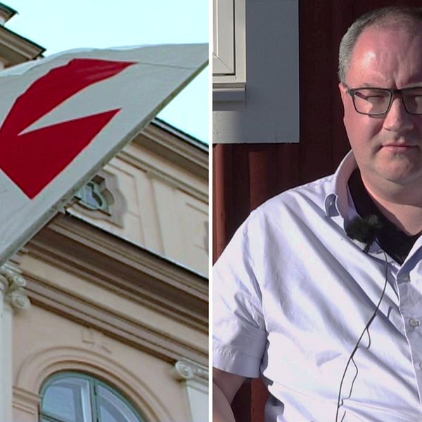 Till vänster en frimurarflagga, till höger avhopparen Jonas Nyman som ser skeptisk ut.