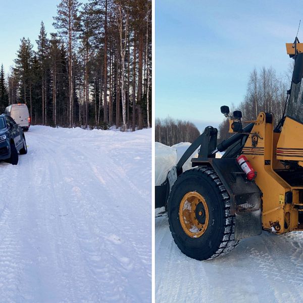 Bilden är ett montage av två bilder. En bil har kört ner i ett dike med snö till vänster och till höger står en hjullastare på en väg med höbalar på.