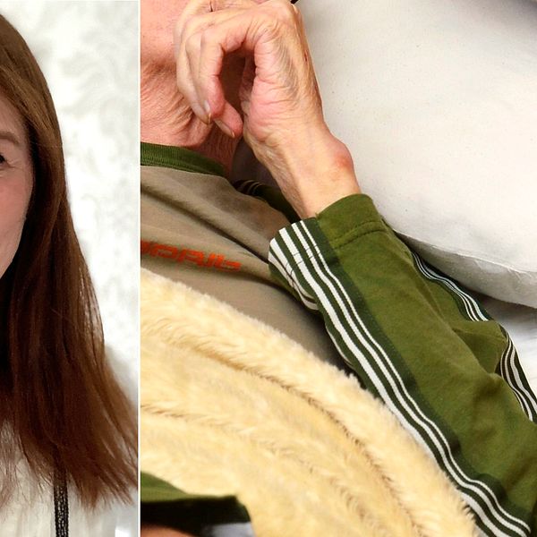 Bilden är ett montage. Till vänster syns reportern Anna Beijron och till höger är en genrebild av en äldre person som ligger i en säng.