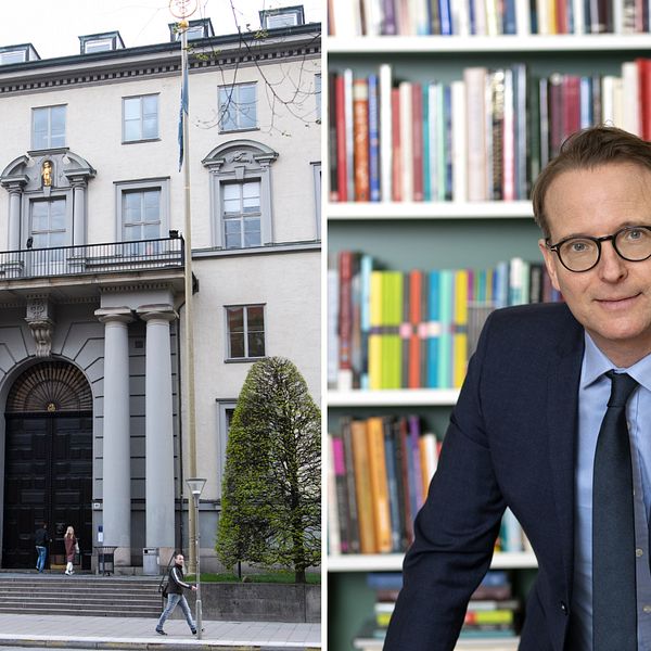 Till vänster entrén till Handelshögskolan i Stockholm. Till höger rektor, en man med blå kostym, svata glasögon och brunt hår. Han står framför en bokhylla.