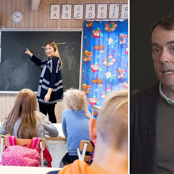 Genrebild från skolklass (till vänster). Stockholms grundskoledirektör Lee Orberson (till höger).