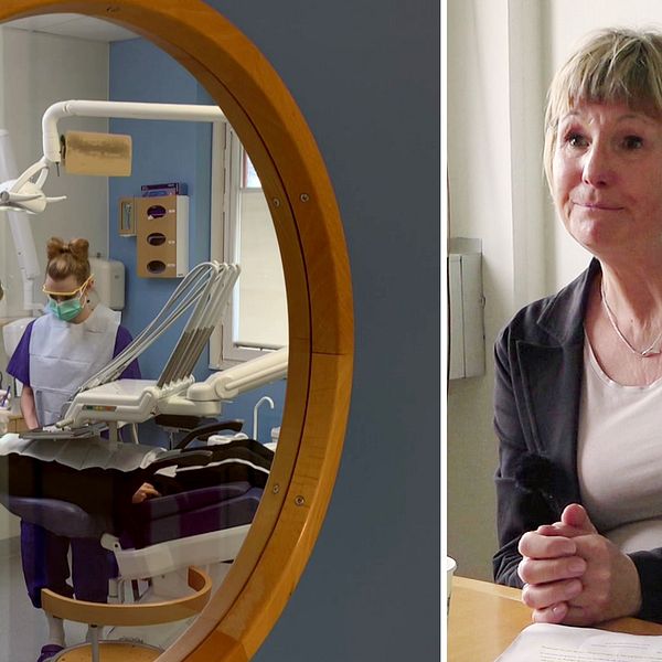 Bilden är ett montage av två bilder. Bilden till vänster är tandläkare i ett arbetsrum och till höger sitter Maria Pettersson ner.
