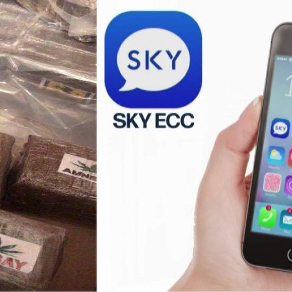 Paket av cannabis i en låda, samt en reklambild av en mobiltelefon.
