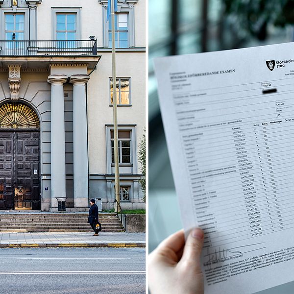 Bild på entrén till Handeöshögskolan bredvid bild på någon som håller upp gymnasiebetyg på papper.