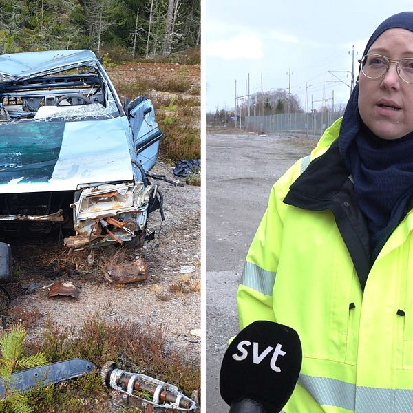 Delad bild. Till vänster: En trasig skrotbild. Till vänster: En kvinna i gul varseljacka och glasögon blir intervjuad.