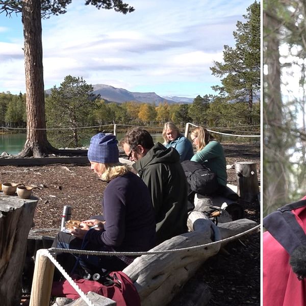 Delad bild, med på ena sidan en vacker vy över en turkos tjärn, fjäll i bakgrunden och vandrare som fikar i förgrunden. På andra sidan: en man i keps.