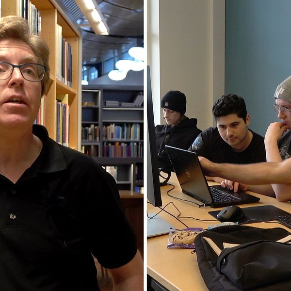 Montage av två bilder. Till vänster syns Peter Parnes, professor i datateknik på Luleå tekniska universitet, och till höger sitter några studenter med datorer.