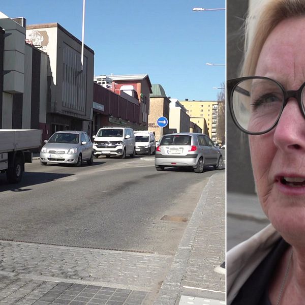 Till vänster: en smal gata och en rad av bilar. Till höger: porträttbild på en kvinna med glasögon som har svarta bågar, hon har örhängen och en halvkort blond frisyr