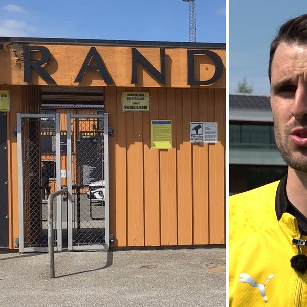 Fotbollspelaren Kadir Hodzic vid entrén till Strandvallen i Sölvesborg
