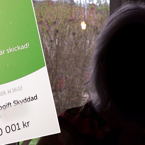 Anonym kvinna sitter framför ett fönster, inklippt i bilden syns en betalning över Swish på 100 001 kronor.