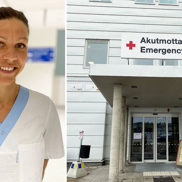 Bilden är ett montage av två bilder. Till vänster en sjuksköterska och till höger utsidan av akuten på Sunderby sjukhus.