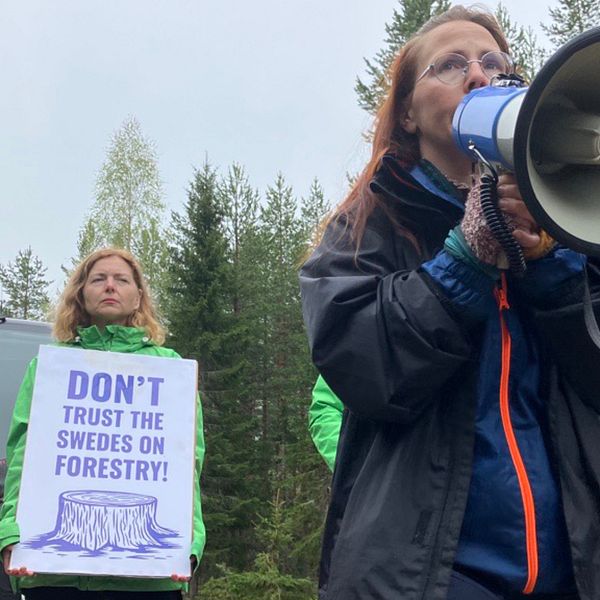 Elin Lundqvist Burlin med en megafon, i bakgrunden tre demonstranter med plakat