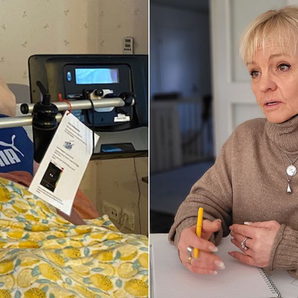 Delad bild. Till vänster syns ALS-sjuka Peter i en säng med en nässond och en skärm framför sig. Till höger syns en kvinna med en stickad tröja och en penna i handen.