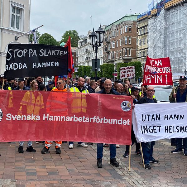 Hamnarbetarförbundet ställde sig utanför rådhuset för att demonstrera mot att var femte medarbetare i Helsingborgs hamn varslas. Se mer i klippet ovan.