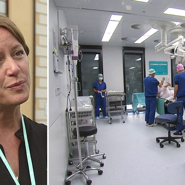 Delad bild. Till vänster: En kvinna med ett bljusblått band runt halsen blir intervjuad. Till höger: Tre vårdarbetare står i en operationssal. På en brits ligger en patient och väntar på att bli opererad.