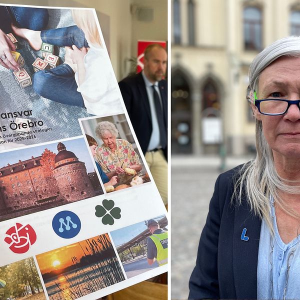 Tvådelad bild med Socialdemokratenras, Moderaternas och Centerpartiets gemensamma budgetförslag för Örebro år 2024 samt oppositionsrådet Karolina Wallström (L).