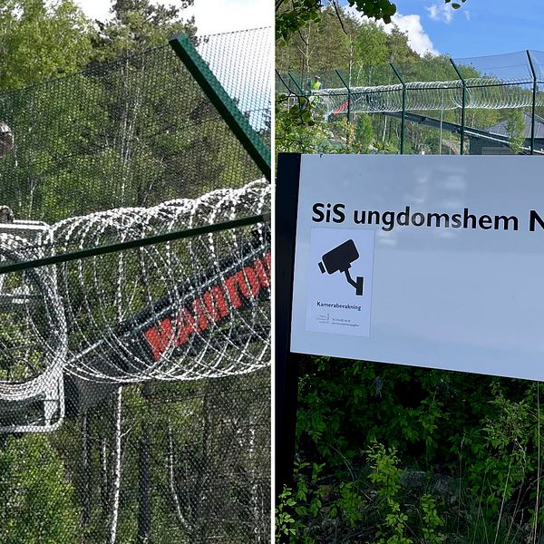 Tvådelad bild: Taggtråd sätts upp på Sis-hemmet Nereby i Göteborg och en skylt som det står ”Sis ungdomshem Nereby” på, samt en övervakningskamera.