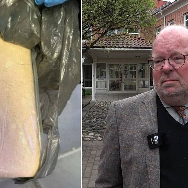 Till höger ett kilo amfetamin som polisen tagit i beslag, till höger i bild Anders Carlbaum vid Umeå tingsrätt