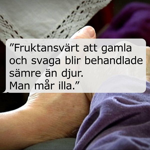 Pratbubbla om att äldre blir sämre behandlade än djur. I bakgrunden en bild på en hand som håller en äldre hand.