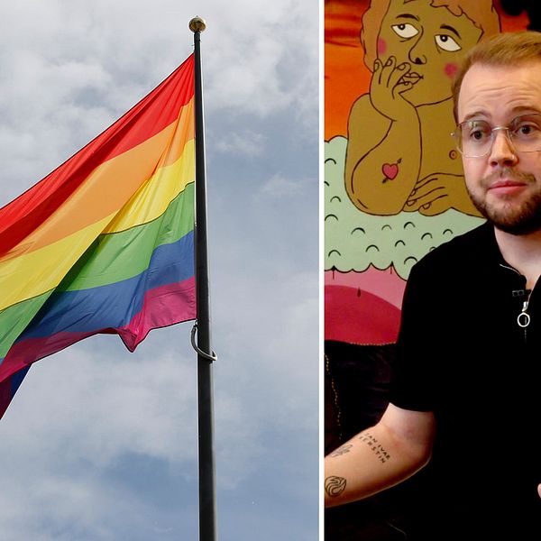 Bilden är ett montage av två bilder. Till vänster en prideflagga och till höger sitter en man med glasögon.