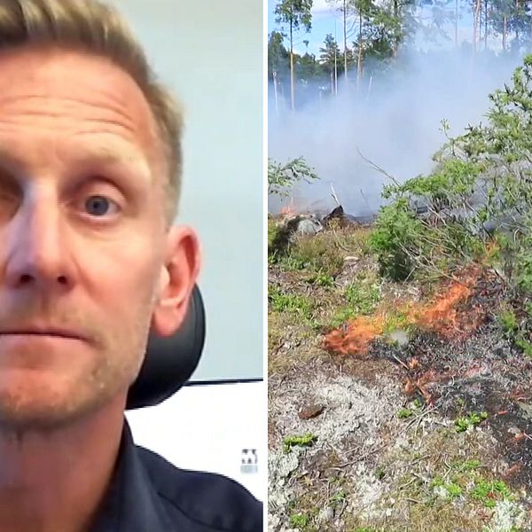 Man i kontorsstol, brand utomhus.