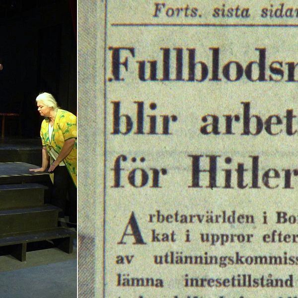 Tyske ingenjören Alberg Sonntag införde löpande bandet på Algots – var nazist. Till vänster en bild ur teateruppsättningen, till höger