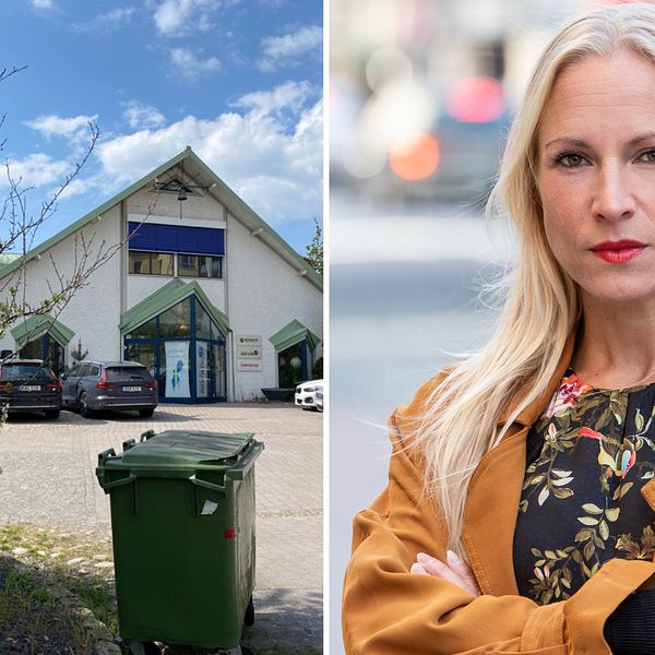 Vit företagsskylt framför vitt hus med grönt tak, Nofatel på Saltö i Karlskrona. Nina Jelver, säkerhetschef på Svensk Handel. Kvinna i orange kavaj med korsade armar i stadsmiljö.