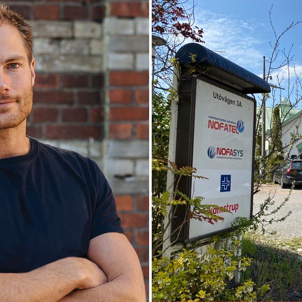 Viktor Karlsson, vd på Telavox i Malmö. Man med korsade armar i svart t-shirt framför tegelvägg. Vit företagsskylt framför vitt hus med grönt tak. Nofatel på Saltö i Karlskrona.