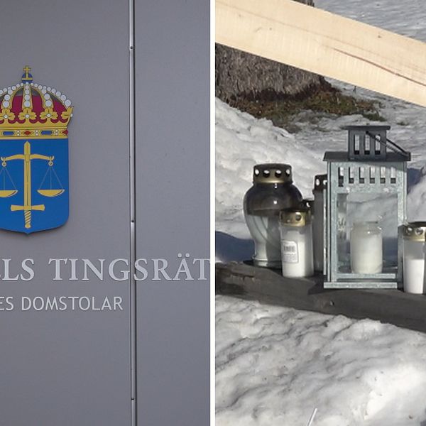 Bilden är ett montage. Till vänster syns en bild där det står Sundsvalls tingsrätt. Till höger syns en bild på flera ljus som står i snö.