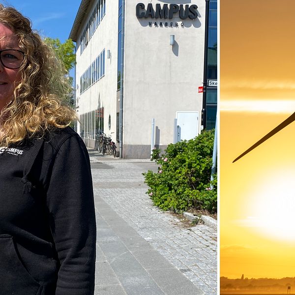 Martina Bengtsson, biträdande rektor Campus Varberg. T.h. Vindkraftverk i solnedgång