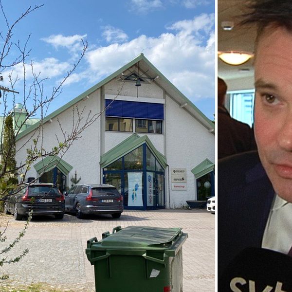 Företagsskylt och soptunnor framför vitt hus med grönt tak. Man i närbild med mörkt hår, Magnus Pettersson vd för Nofatel på Saltö i Karlskrona.