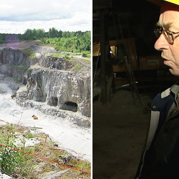 En tvådelad bild. Till vänster en maskin som kör utanför en gruva i ett stenbrott, till höger en man med hjälm och glasögon.