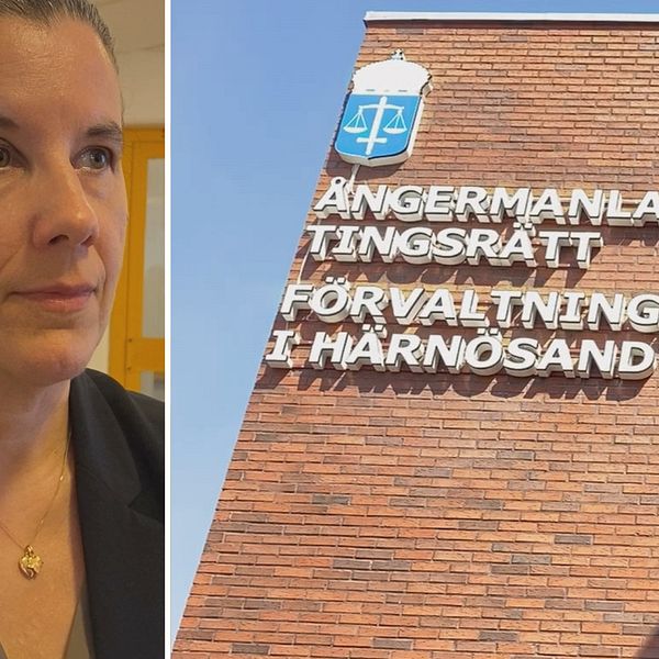 Bilden är ett montage, till vänster ser man en kvinnlig åklagare, och till höger ser man ångermanlands tingsrätt