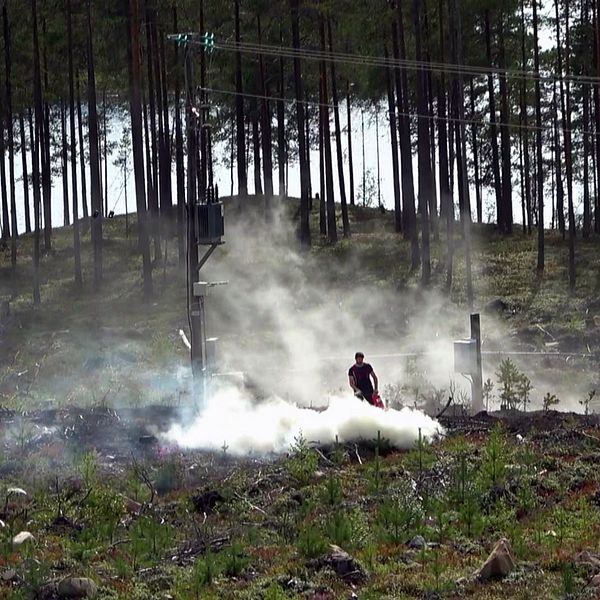 En man släcker delar av en skogsbrand