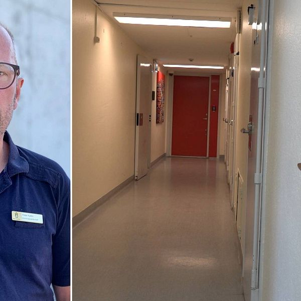 Delad bild. Till vänster: En man, Peter Kjellin, med svarta glasögon och blå skjorta. På skjortan finns en namnskylt tillhörande kriminalvården. Till häger: En bild infirån anstalten Hällb.