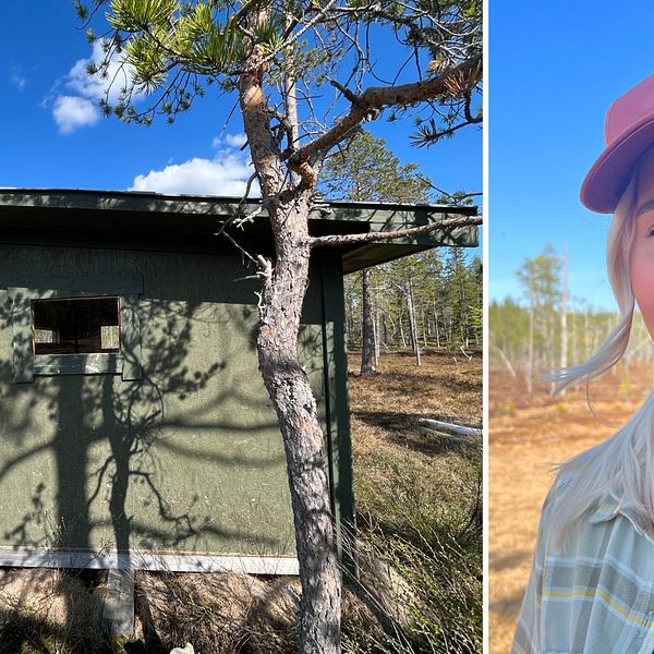 En bild på en grönkoja och en kvinna med keps.