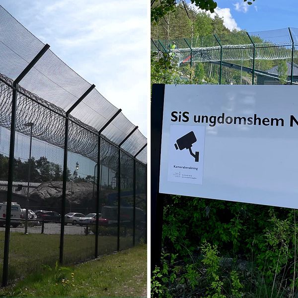 Delad bild. Till vänster: Taggtråd utanför Nereby Sis-hem. I bakgrunden syns en parkering med bilar. Till höger: En skylt där det står ”Sis ungdomshem Nereby”.