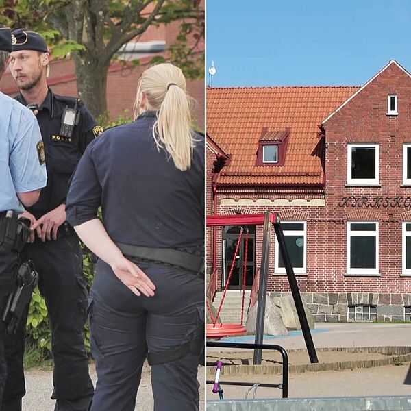 Polisen står framför Kyrkskolani  Svedala efter dödsolyckan då en tioårig flicka föll från gymnastikskolans tak.