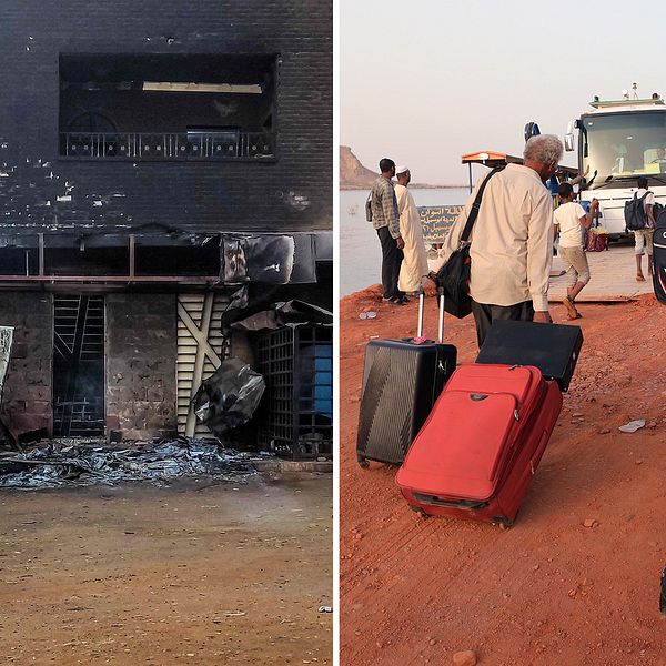 En bränd bank-byggnad i södra Khartoum, Sudan. Bredvid en bild på personer med resväskor som ska gå ombord ett fartyg.