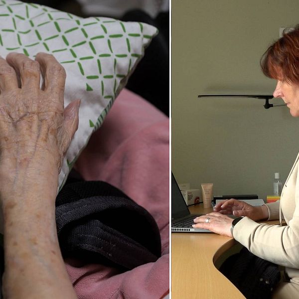 Till vänster en bild på en äldre kvinnas hand som vilar på en kudde. Till höger en profilbild på stabschef Annika Eriksson, vård- och omsorgsförvaltningen i Sundsvalls kommun. Hon sitter vid en bärbar dator och skriver.