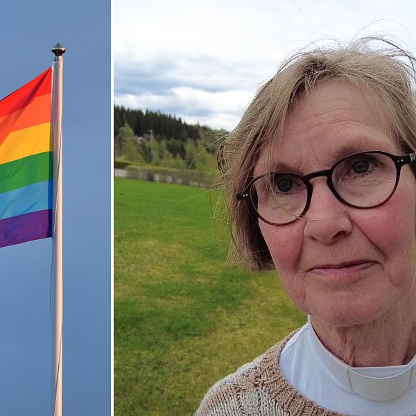 Delad bild – till vänster en bild på en regnbågsfärgad flagga, till höger en bild på en kvinna med kort hårt och glasögon.