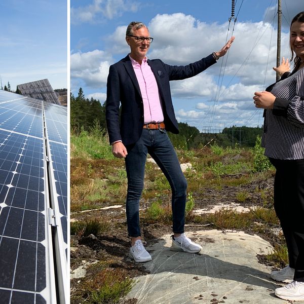 Delad bild – till vänster en bild på solceller, till höger bild på en man och en kvinna