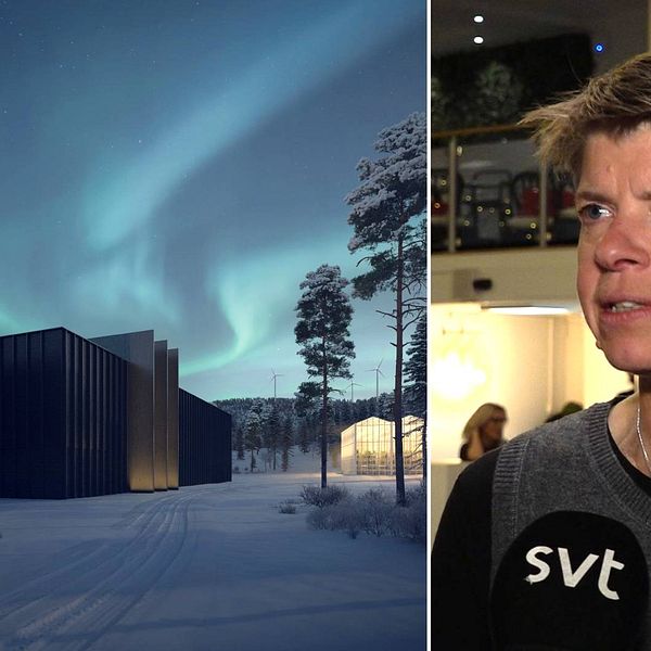 Delad bild. Till vänster en illustration på mörka byggnader med texten Eco Data Center på i vita bokstäver. Till höger kvinna med kort mörkt hår, klädd i mörka kläder.