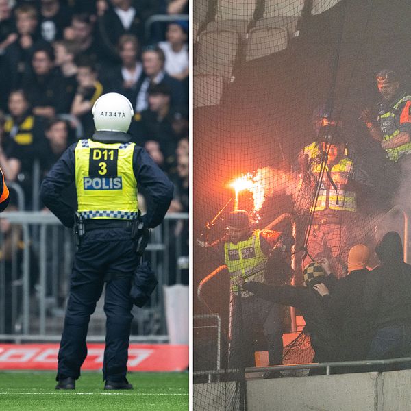 Djurgården ledde med 1–0 när det utbröt ett storbråk på planen och bangers och bengaler regnade in från läktaren.